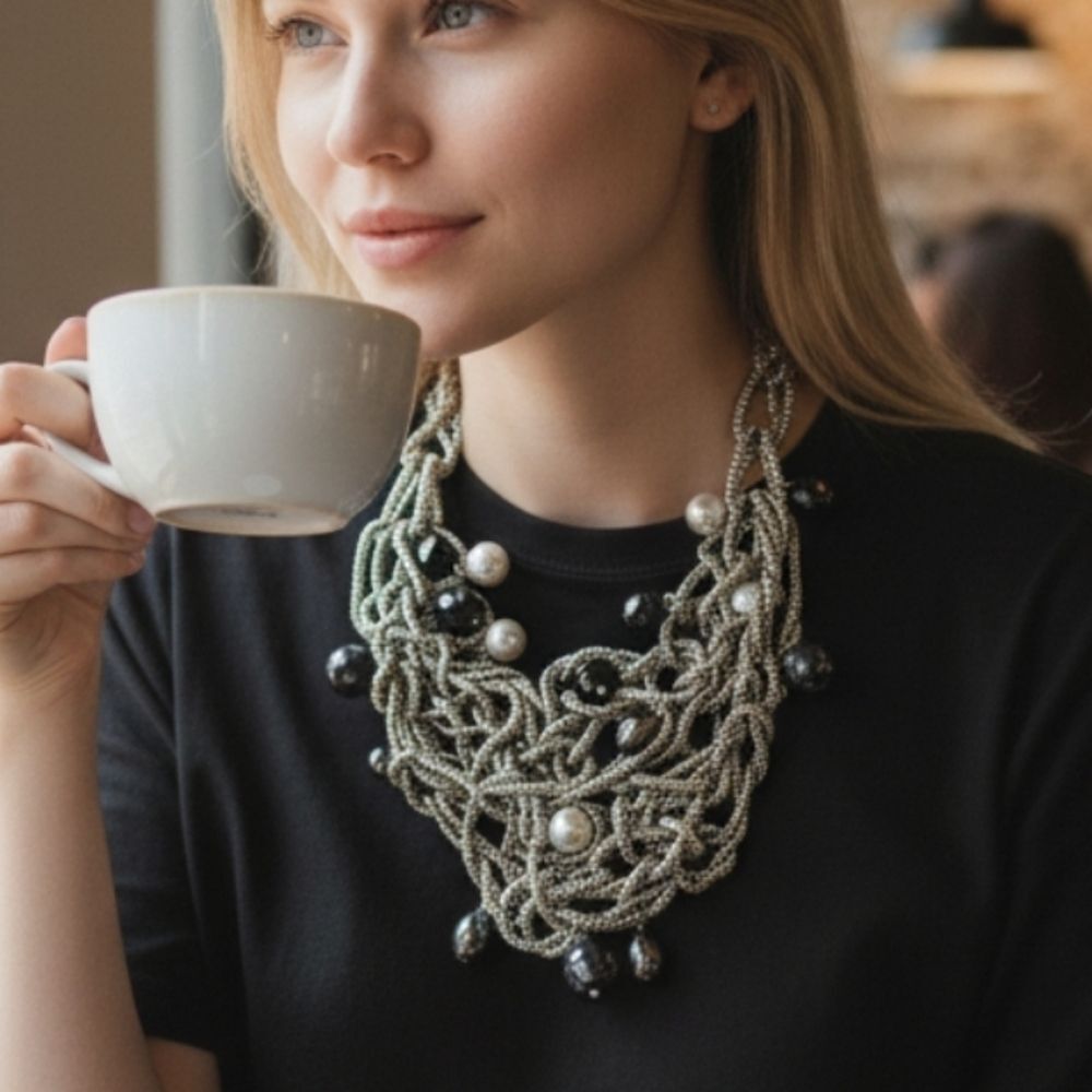 Chunky Neck Size women's Mesh Necklace Black Silver Beads Jewelry Boho Chain
